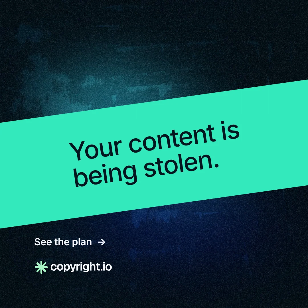 Instagram post for copyright.io: "Your content is being stolen." Minimal luxury style, diagonal layout, dark palette in teal, black.