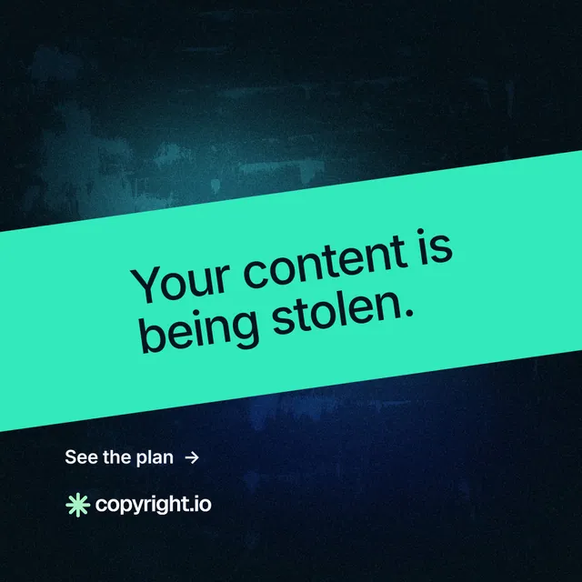 Instagram post for copyright.io: "Your content is being stolen." Minimal luxury style, diagonal layout, dark palette in teal, black.