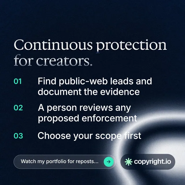 Instagram post for copyright.io: "Continuous protection for creators." Agentic glass style, numbered layout, dark palette in black, grey, blue.