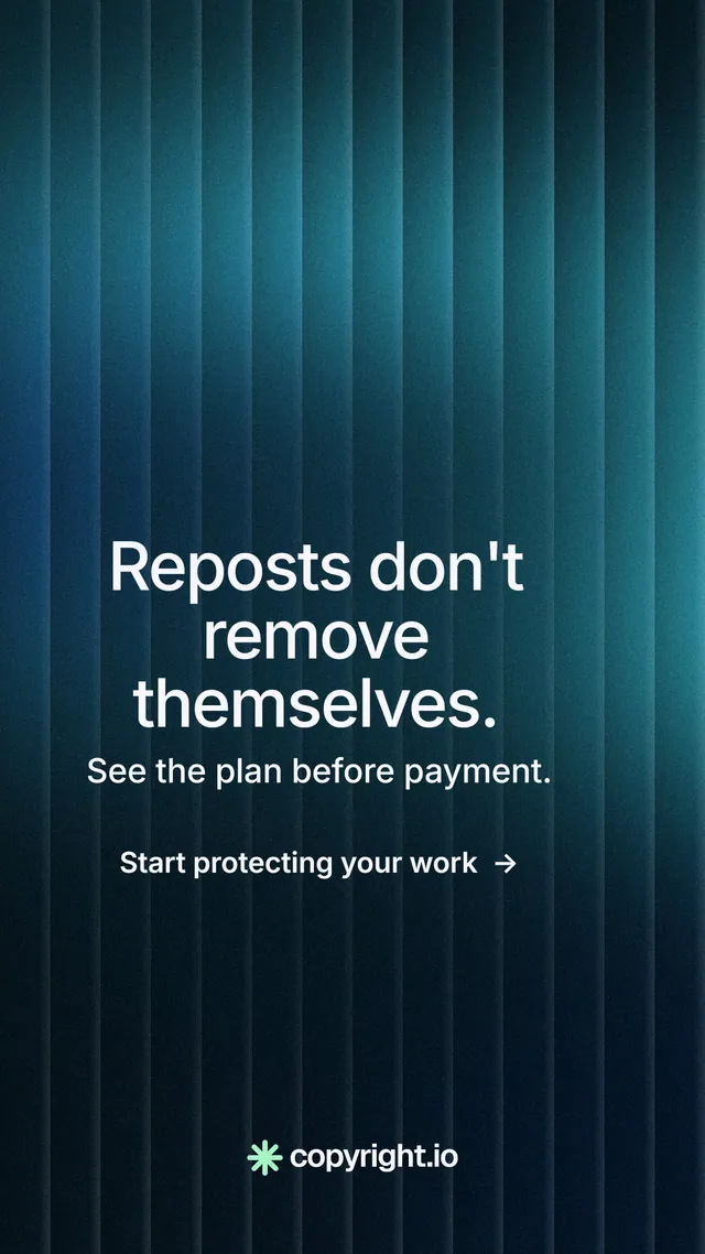 Instagram story for copyright.io: "Reposts don't remove themselves." Minimal luxury style, skeleton layout, dark palette in blue, black, teal.