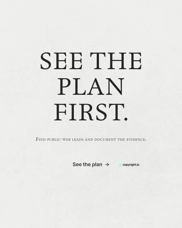 Instagram portrait post for copyright.io: "See the plan first." Minimal luxury style, smallcaps layout, light palette in white, grey.