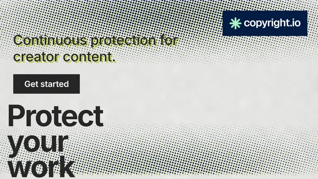 Landscape graphic for copyright.io: "See the plan first." Swiss style, oversized layout, light palette in grey, white.