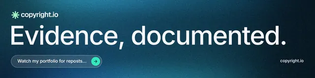 LinkedIn banner for copyright.io: "Evidence, documented." Agentic glass style, poster layout, dark palette in blue, black.