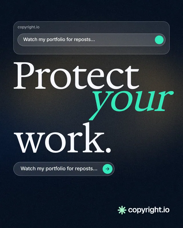 Instagram portrait post for copyright.io: "Protect your work." Agentic glass style, stacked layout, dark palette in black, grey.