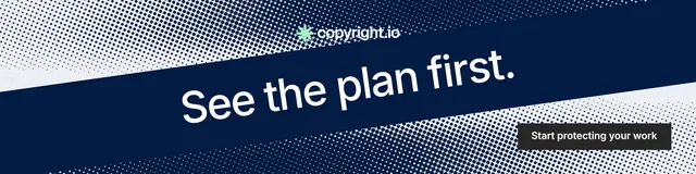 LinkedIn banner for copyright.io: "See the plan first." Swiss style, diagonal layout, dark palette in blue, grey.