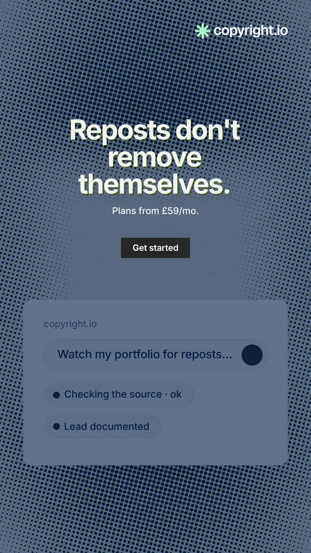 Instagram story for copyright.io: "Reposts don't remove themselves." Swiss style, centred layout, dark palette in blue, grey.
