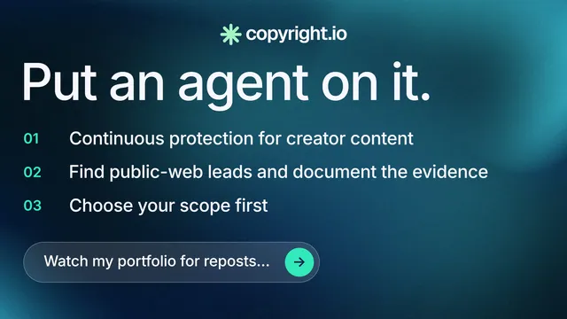 Landscape graphic for copyright.io: "Put an agent on it." Agentic glass style, numbered layout, dark palette in blue, black, teal.