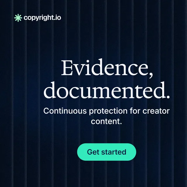 Instagram post for copyright.io: "Evidence, documented." Agentic glass style, skeleton layout, dark palette in black, blue.