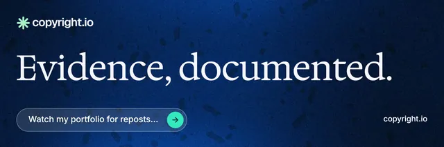 X header for copyright.io: "Evidence, documented." Agentic glass style, poster layout, dark palette in blue, black.