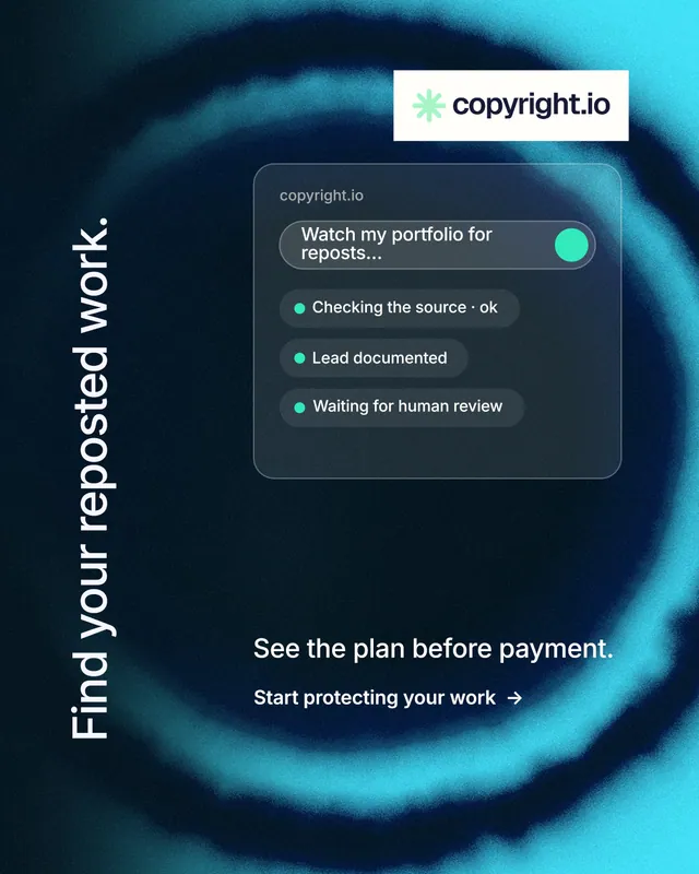 Instagram portrait post for copyright.io: "Find your reposted work." Minimal luxury style, vertical layout, dark palette in blue, teal, black.