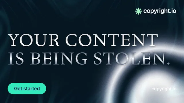 Landscape graphic for copyright.io: "Your content is being stolen." Y2K style, poster layout, dark palette in black, grey, blue.