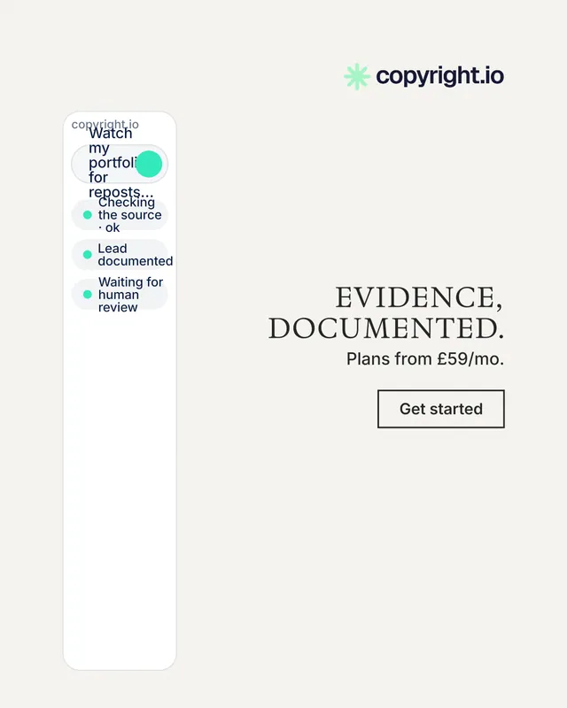 Instagram portrait post for copyright.io: "Evidence, documented." Editorial style, right layout, light palette in white.