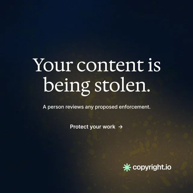Instagram post for copyright.io: "Your content is being stolen." Minimal luxury style, centred layout, dark palette in black, grey.