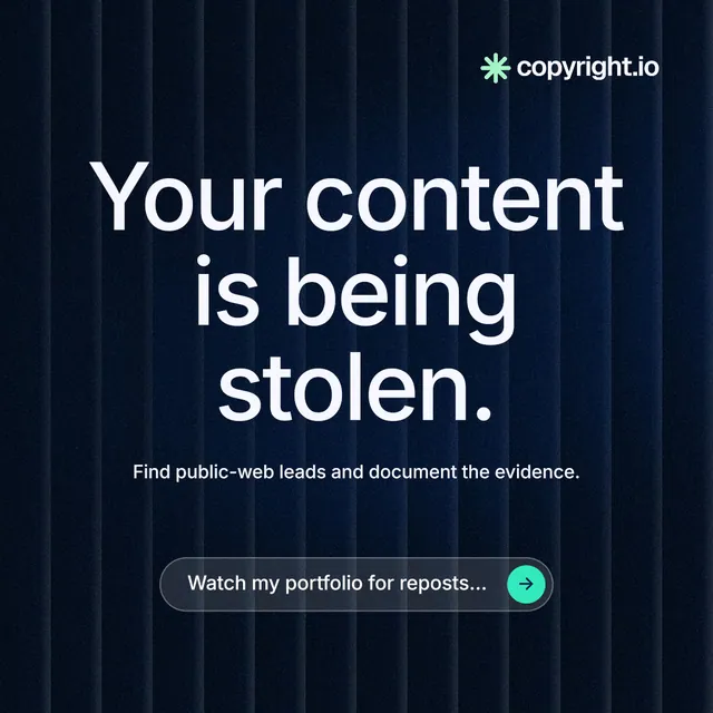 Instagram post for copyright.io: "Your content is being stolen." Agentic glass style, centred layout, dark palette in black, blue, grey.