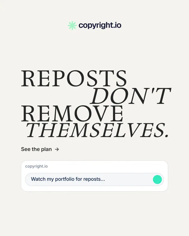 Instagram portrait post for copyright.io: "Reposts don't remove themselves." Minimal luxury style, stacked layout, light palette in white, grey.