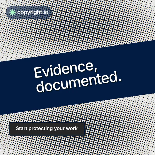 Instagram post for copyright.io: "Evidence, documented." Brutalist style, diagonal layout, light palette in grey, blue.