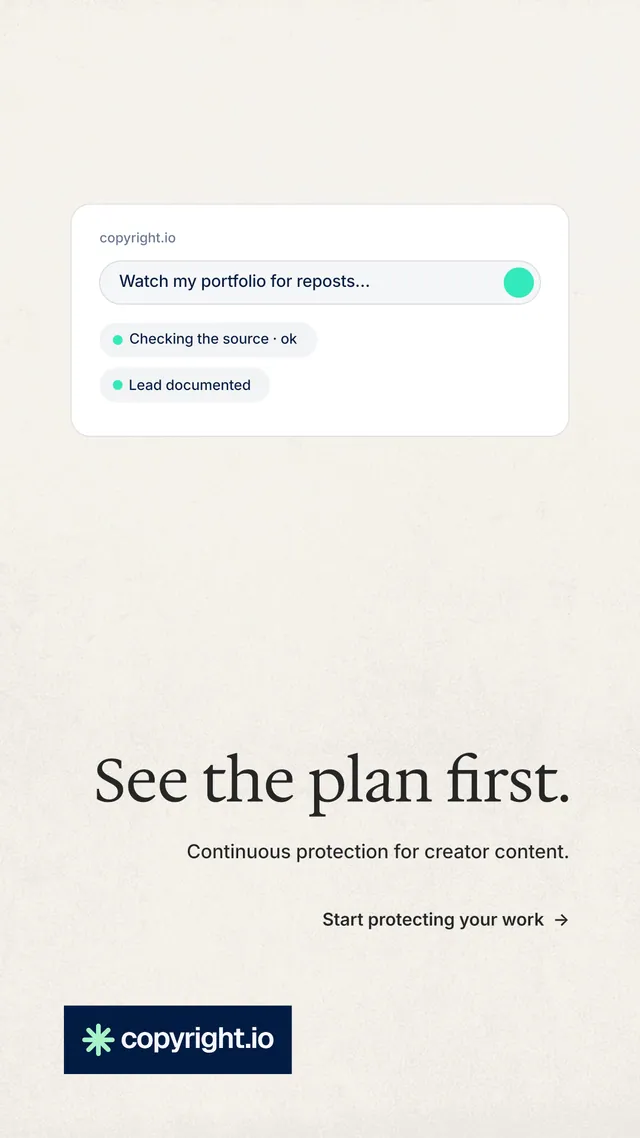 Instagram story for copyright.io: "See the plan first." Minimal luxury style, right layout, light palette in white, grey.