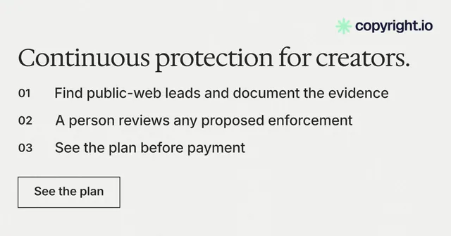 Social ad for copyright.io: "Continuous protection for creators." Editorial style, numbered layout, light palette in white, grey.