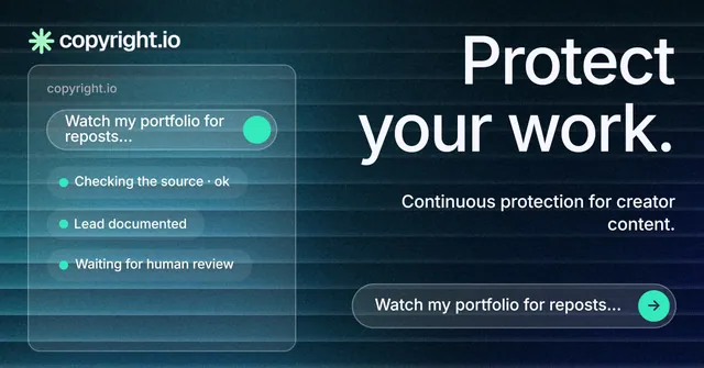 Social ad for copyright.io: "Protect your work." Agentic glass style, right layout, dark palette in blue, black.