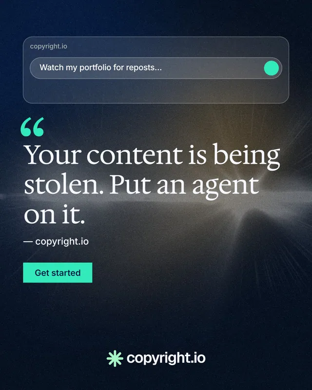Instagram portrait post for copyright.io: "Evidence, documented." Swiss style, quote layout, dark palette in black, blue, grey.