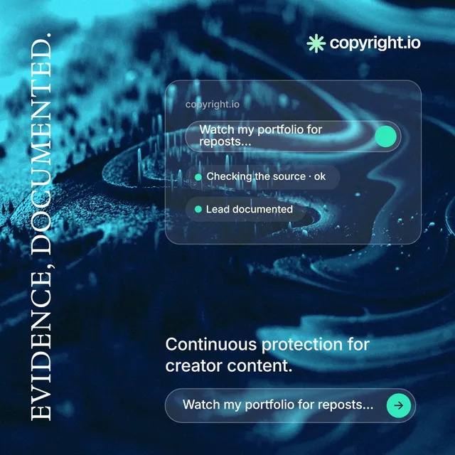 Instagram post for copyright.io: "Evidence, documented." Agentic glass style, vertical layout, dark palette in blue, teal, black.