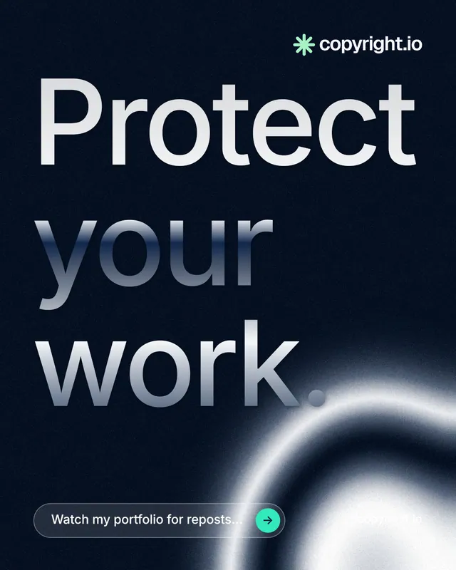 Instagram portrait post for copyright.io: "Protect your work." Agentic glass style, poster layout, dark palette in black, grey, blue.