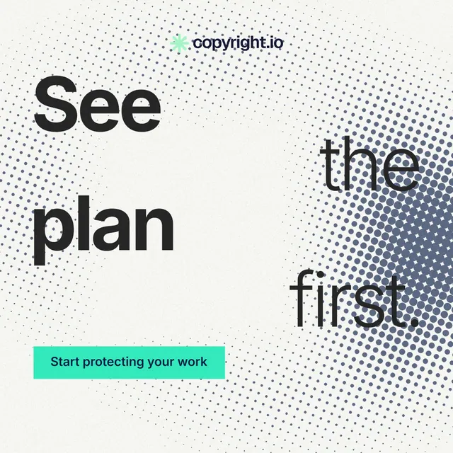 Instagram post for copyright.io: "See the plan first." Swiss style, stacked layout, light palette in white, grey, teal.