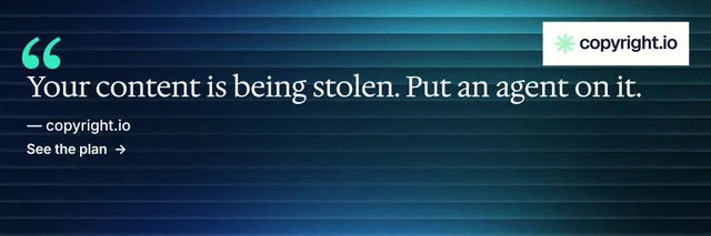 X header for copyright.io: "Your content is being stolen." Minimal luxury style, quote layout, dark palette in blue, black, teal.
