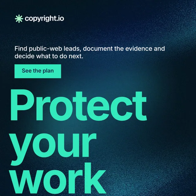 Instagram post for copyright.io: "Continuous protection for creators." Swiss style, oversized layout, dark palette in blue, black, teal.