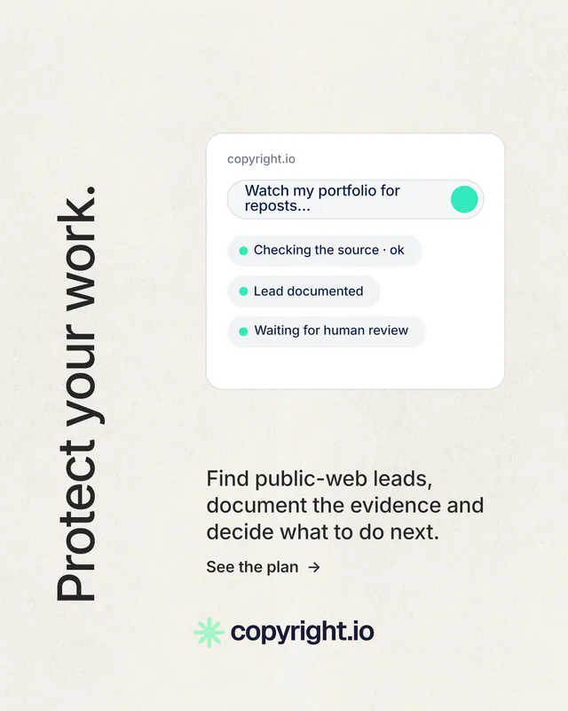 Instagram portrait post for copyright.io: "Protect your work." Minimal luxury style, vertical layout, light palette in white, grey.