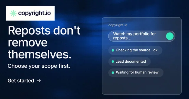 Social ad for copyright.io: "Reposts don't remove themselves." Minimal luxury style, bottom layout, dark palette in blue, black.