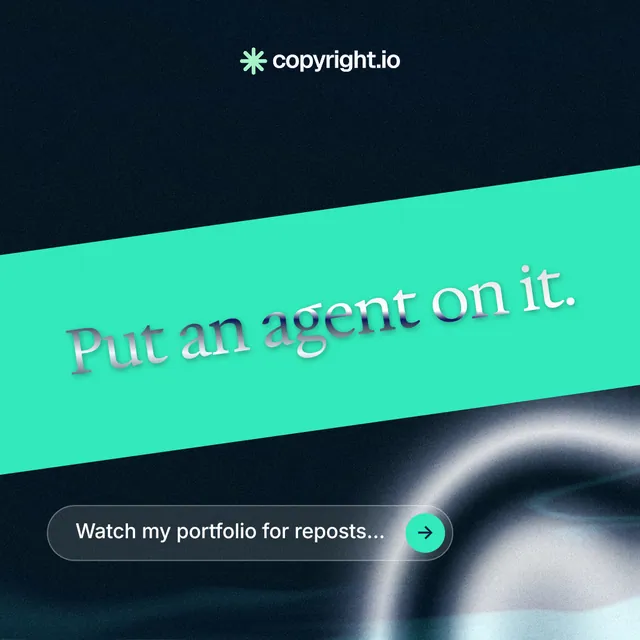 Instagram post for copyright.io: "Put an agent on it." Agentic glass style, diagonal layout, dark palette in black, teal, blue.