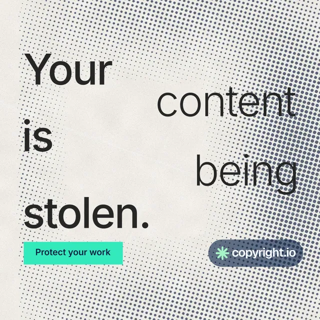 Instagram post for copyright.io: "Your content is being stolen." Swiss style, stacked layout, light palette in white, yellow, grey.