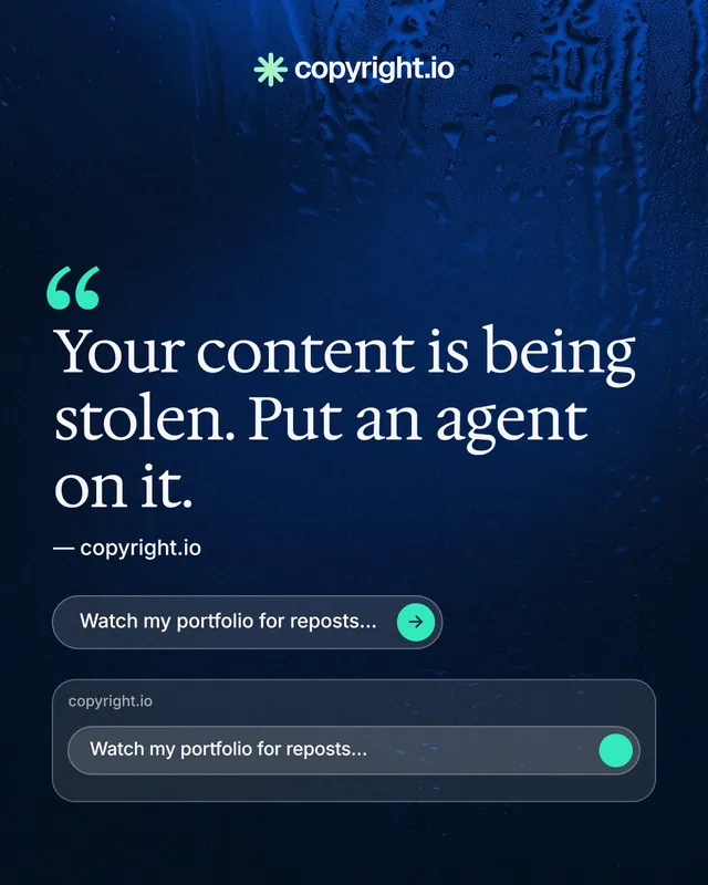Instagram portrait post for copyright.io: "Reposts don't remove themselves." Agentic glass style, quote layout, dark palette in black, blue.