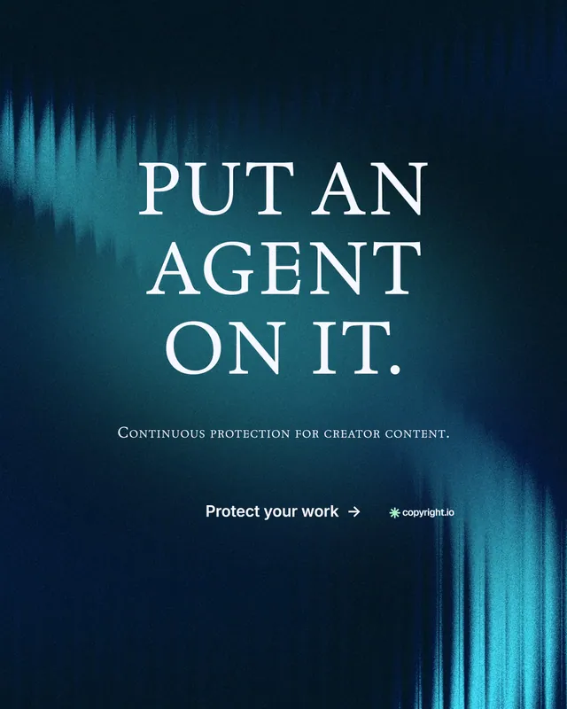Instagram portrait post for copyright.io: "Put an agent on it." Minimal luxury style, smallcaps layout, dark palette in blue, black, teal.