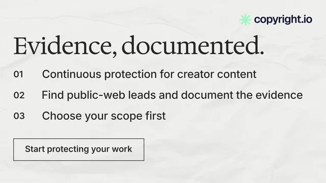 Landscape graphic for copyright.io: "Evidence, documented." Editorial style, numbered layout, light palette in white, grey.