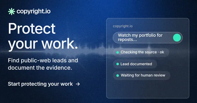 Social ad for copyright.io: "Protect your work." Minimal luxury style, bottom layout, dark palette in blue, black.