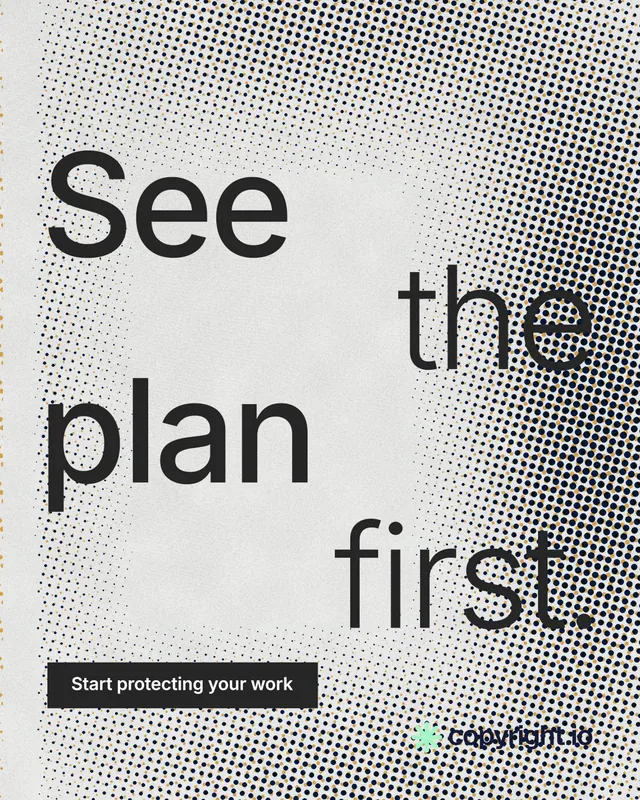 Instagram portrait post for copyright.io: "See the plan first." Swiss style, stacked layout, light palette in grey, white.