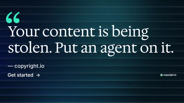 Landscape graphic for copyright.io: "Your content is being stolen." Minimal luxury style, quote layout, dark palette in black, blue, grey.