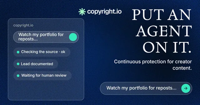 Social ad for copyright.io: "Put an agent on it." Agentic glass style, right layout, dark palette in blue, black.
