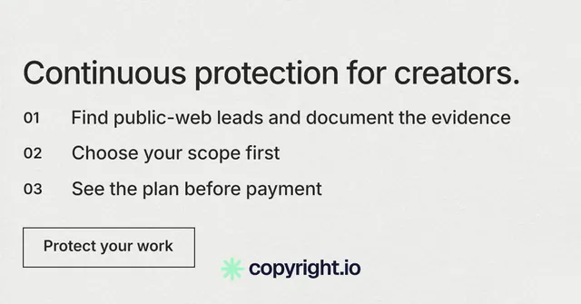 Social ad for copyright.io: "Continuous protection for creators." Editorial style, numbered layout, light palette in white, grey.