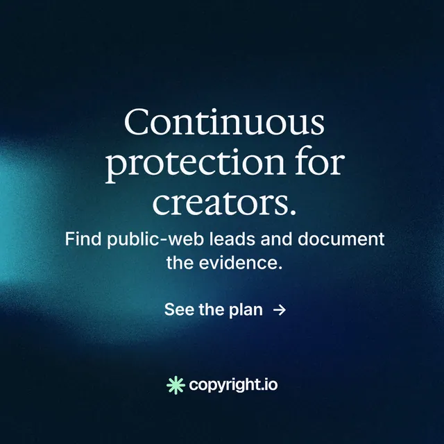 Instagram post for copyright.io: "Continuous protection for creators." Minimal luxury style, skeleton layout, dark palette in black, blue.