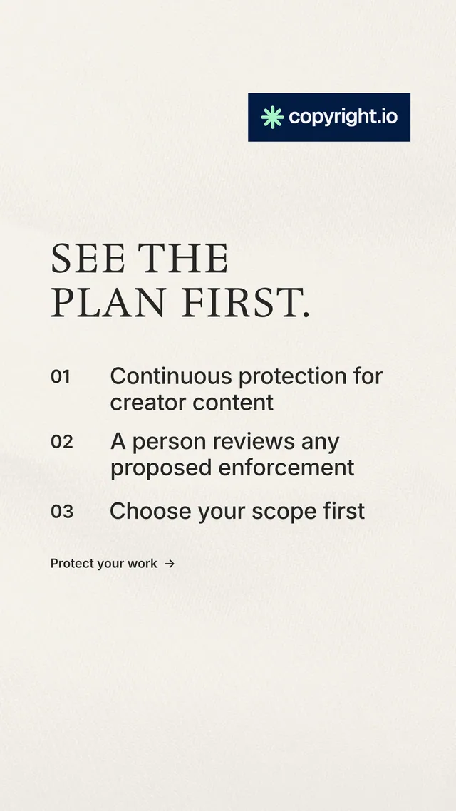 Instagram story for copyright.io: "See the plan first." Minimal luxury style, numbered layout, light palette in white, grey.