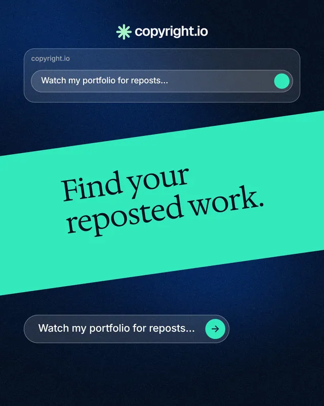 Instagram portrait post for copyright.io: "Find your reposted work." Agentic glass style, diagonal layout, dark palette in blue, black, teal.