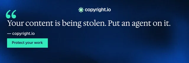 X header for copyright.io: "Protect your work." Swiss style, quote layout, dark palette in blue, black.