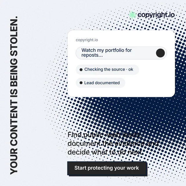 Instagram post for copyright.io: "Your content is being stolen." Brutalist style, vertical layout, light palette in white, blue.