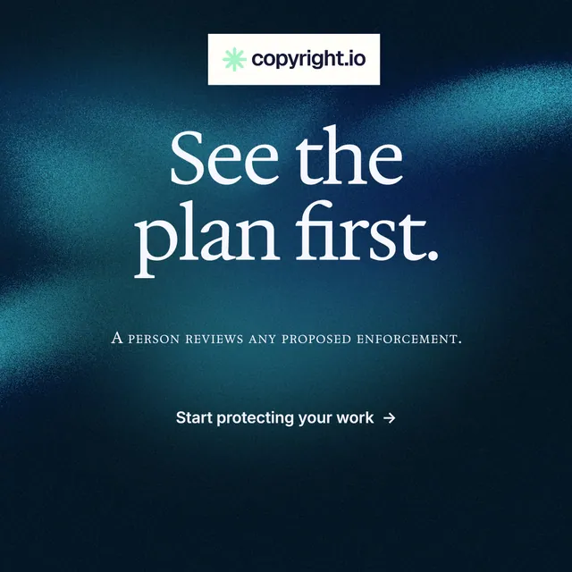 Instagram post for copyright.io: "See the plan first." Swiss style, smallcaps layout, dark palette in blue, black.