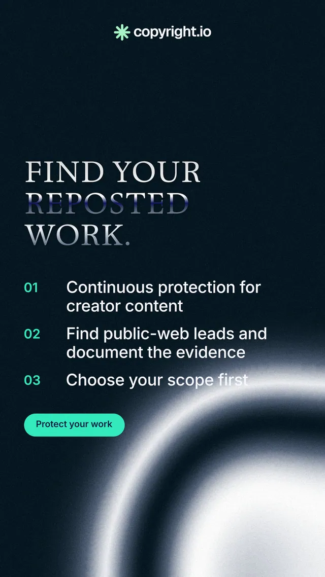 Instagram story for copyright.io: "Find your reposted work." Y2K style, numbered layout, dark palette in black, blue, grey.