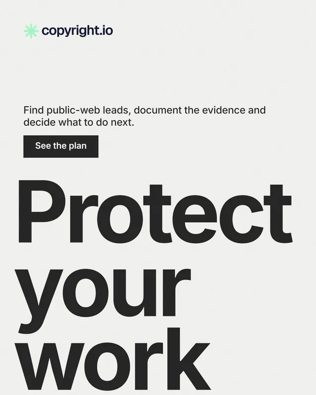 Instagram portrait post for copyright.io: "Reposts don't remove themselves." Swiss style, oversized layout, light palette in white, grey, green.