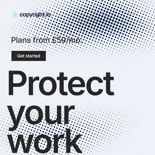 Instagram post for copyright.io: "Protect your work." Swiss style, oversized layout, light palette in white, grey.